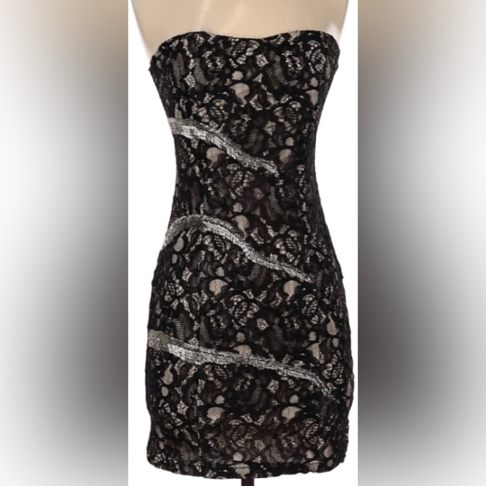 Black lace body con mini dress with silver embellishments